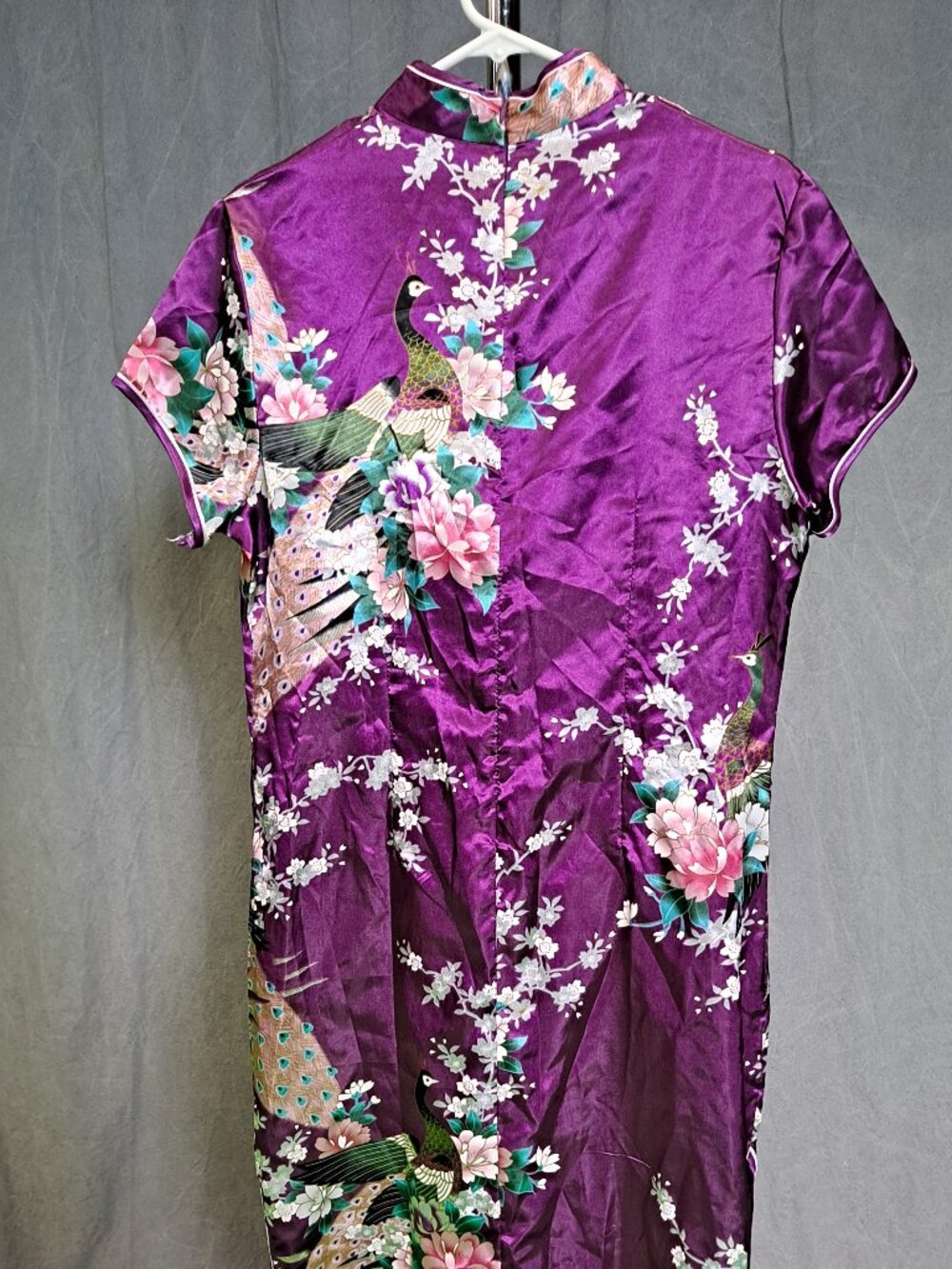 Cheongsam Chinese Purple Satin Dress with Floral & Bird Motif